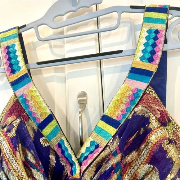 Nicole Miller Silk Sheer Metallic Aztec Cleopatra Multicolor Goddess Maxi Size 6 - Picture 5 of 14